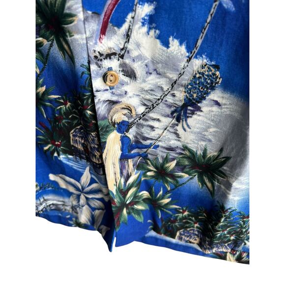 Vintage Jade Fashions Men's Aloha Tiki Button Up Shirt Floral Blue Size Large - Picture 7 of 8